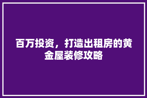百万投资，打造出租房的黄金屋装修攻略
